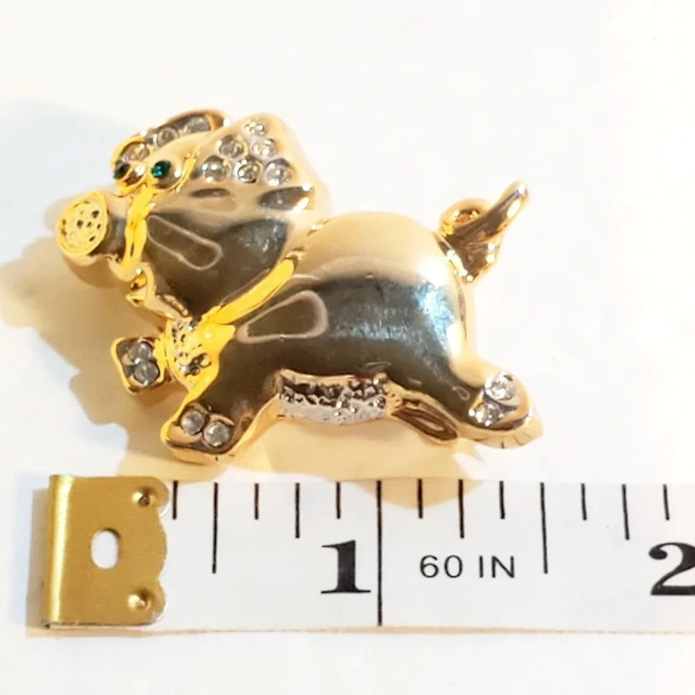 Shiny Gold Tone Green Clear Rhinestones Pig Hog Brooch Pin Farmhouse Animal